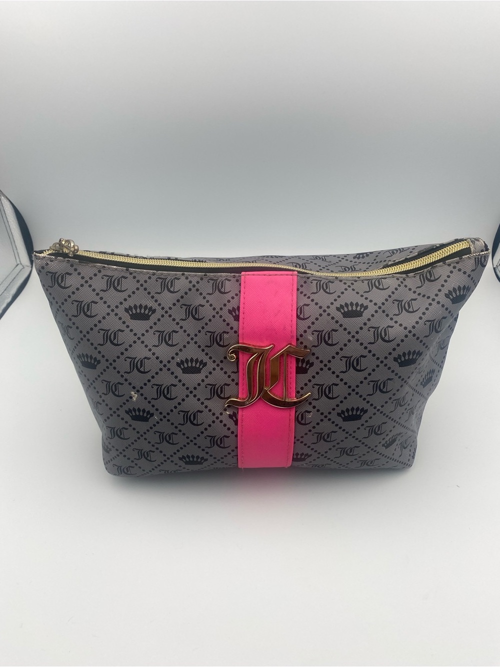 Juicy Couture Gray Logo Cosmetic Pouch with Hot Pink Stripe